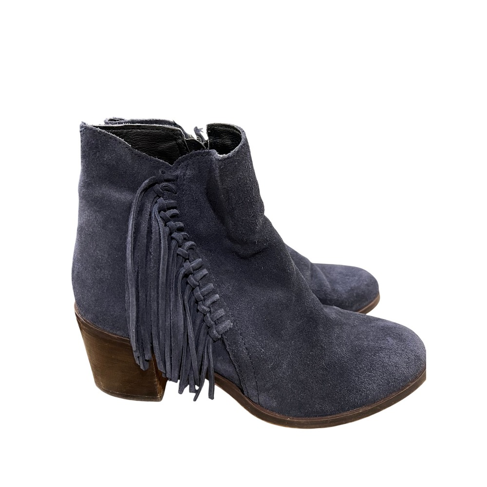 Kenneth Cole Reaction Navy Blue Suede Fringe Ankle Boots Womens 7 Stacked Heel